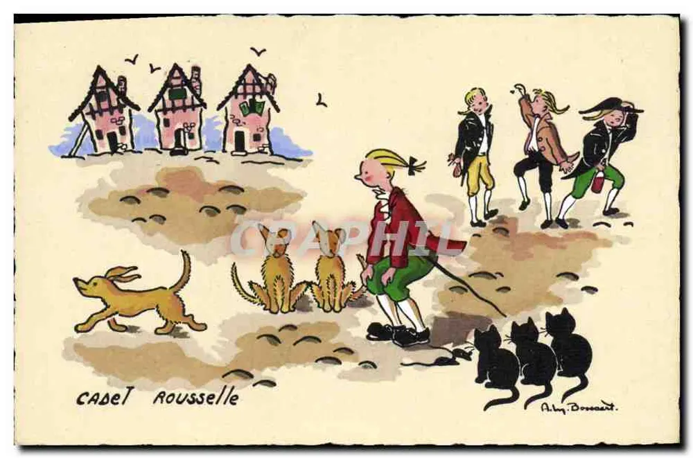 Cadet Rousselle — Straßenszene mit Kindern und Tieren — Zeichnung von Alby Bonaert - Vorderseite