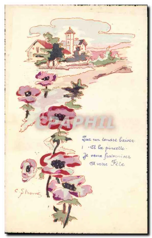 Blumen und Landschaft — Aquarellzeichnung — C. Shone - Vorderseite