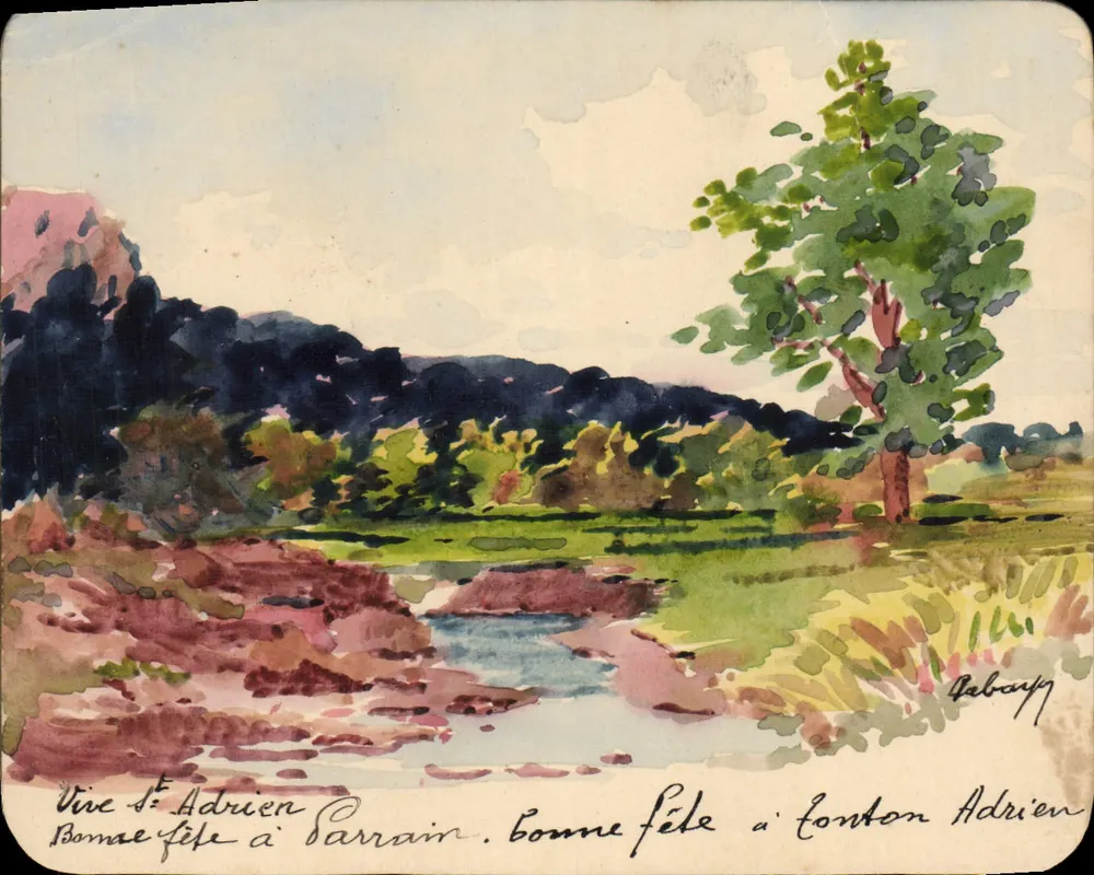 Ansicht von Saint-Adrien in Sarrain — Aquarellzeichnung — Sabarpy - Vorderseite
