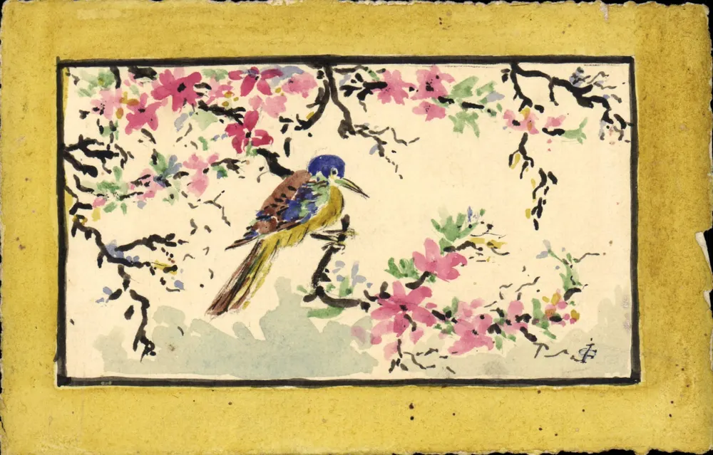 Vogel unter Blumen — Aquarell-Illustration — Verlag nicht sichtbar - Vorderseite