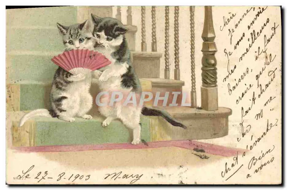 Dois gatos filhotes brincando com um leque — ilustração — editor não identificado, número de série não visível - Frente