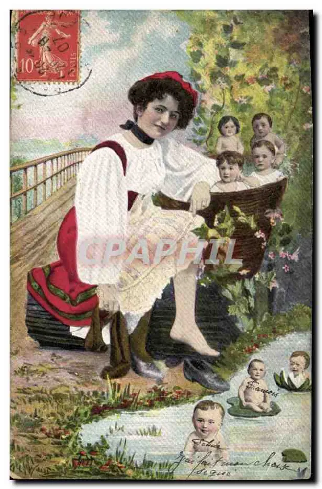 Frau mit Kindern — Szenen im Garten mit Kindern in einem Korb und im Wasser — Verlag 'Framers' (gedruckt auf der Karte) - Vorderseite