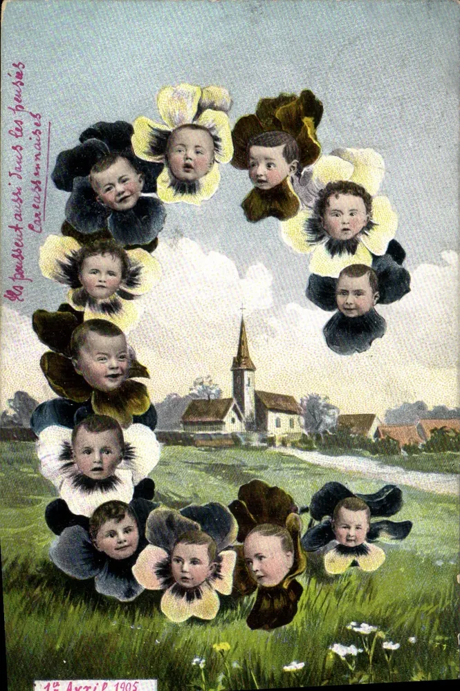 Crianças entre flores — Carta postal de 1905 — Edição da Sociedade das Cartas Postais de Carcassonne - Frente