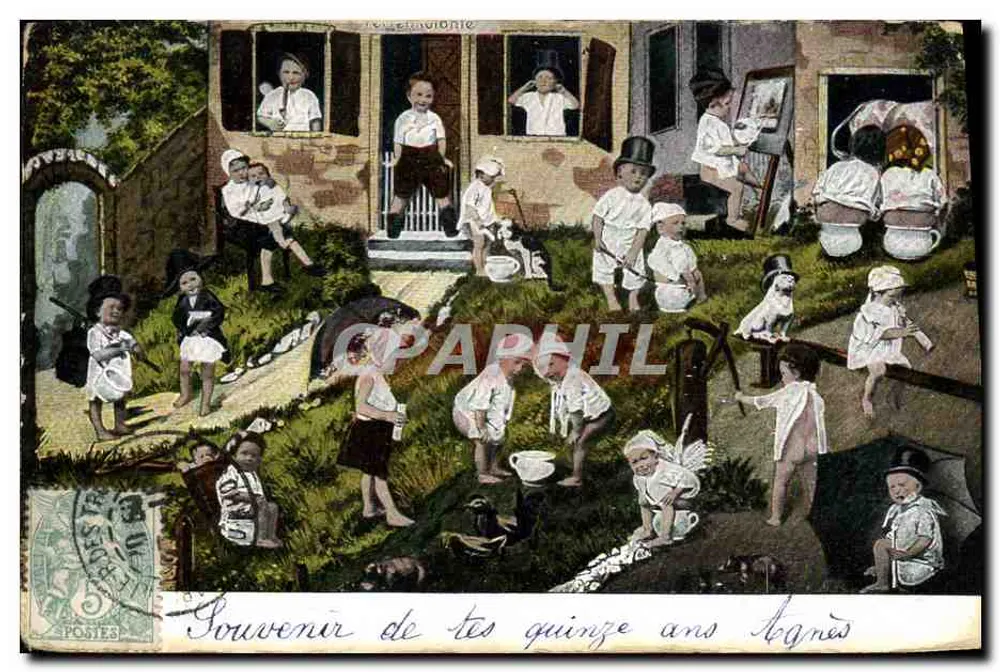 Enfants jouant dans un jardin — scène de rue à l'arrière-plan — éditeur 'Postkarte — Carte postale' (verso) — série 152 - Frente