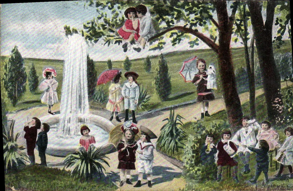 Enfants jouant près d'une fontaine — scène de parc — éditeur K. V. L. B. 12, série 895 - Frente