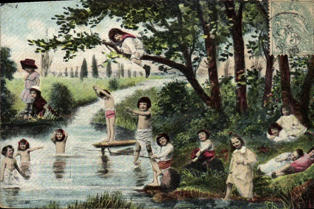Kinder, die in einem Fluss spielen — idyllische Szene — Verlag K.V.I.B. Nr. 895 - Vorderseite
