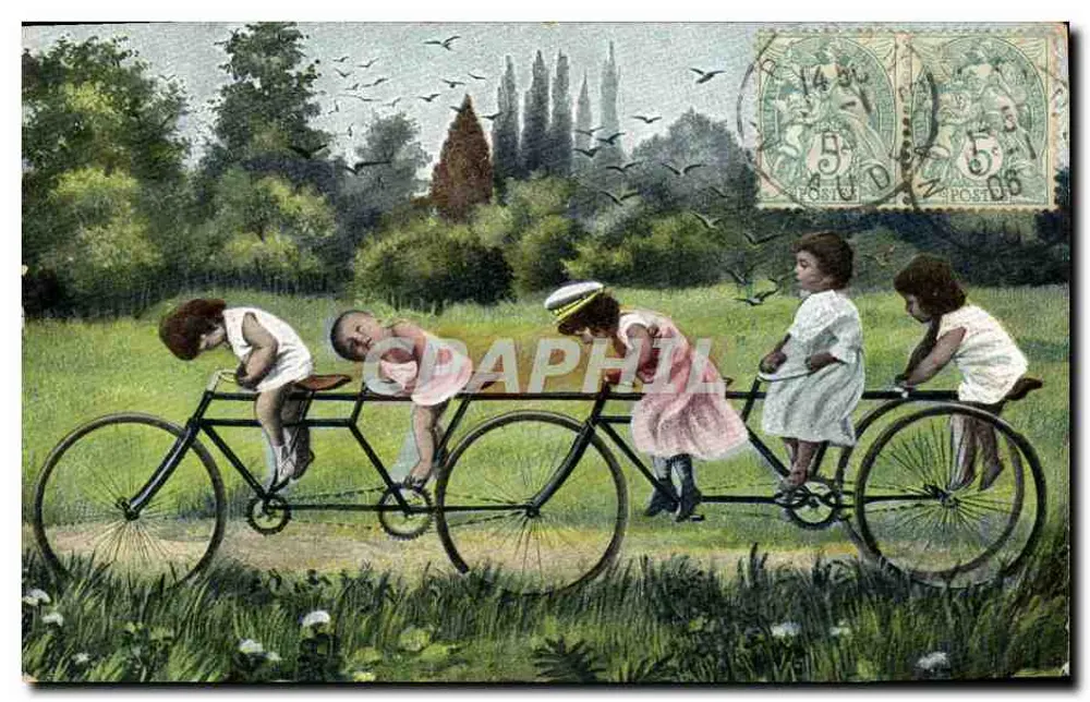 Kinder auf einem Fahrrad mit fünf Sitzen — unbekannter Verlag, Seriennummer nicht sichtbar - Vorderseite