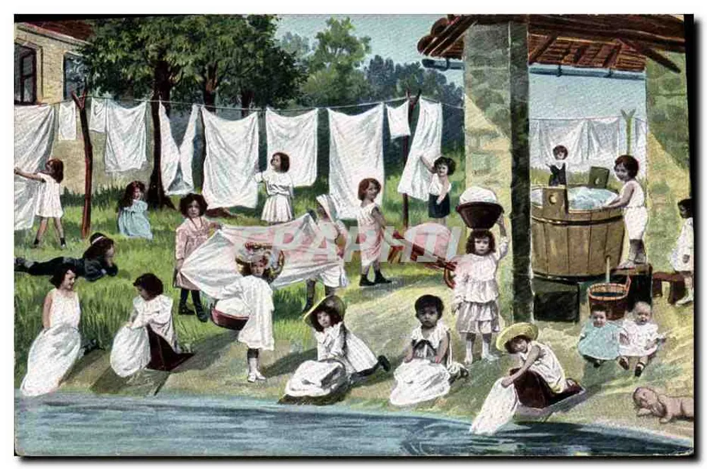 Crianças lavando roupas — cena de vida — série 387, editor A. Seri - Frente