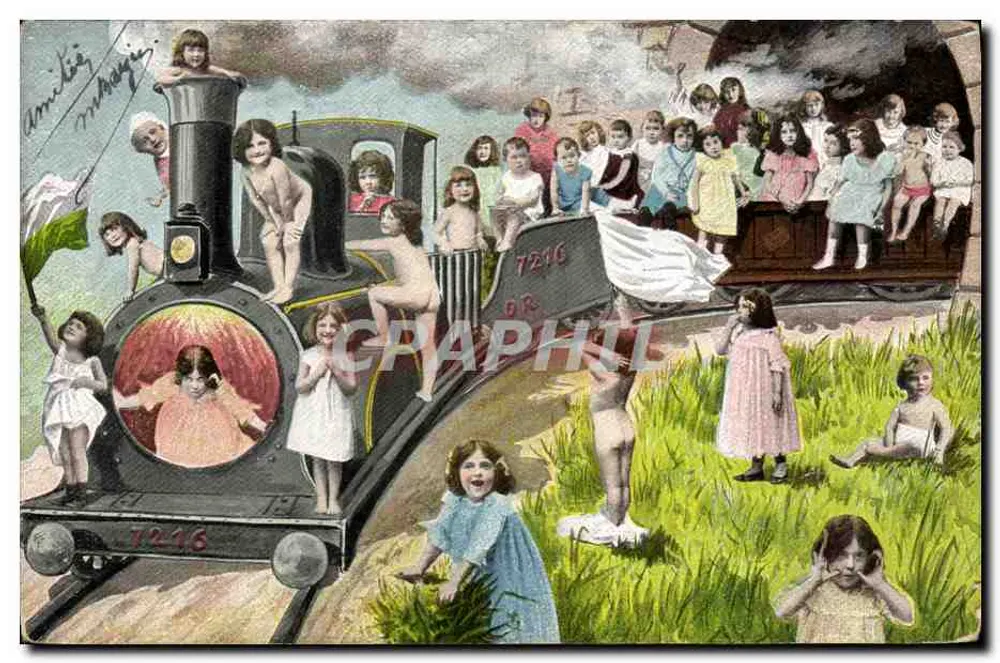 Enfants jouant sur un train — scène de jeu — éditeur Amilcar Mihajlovic, n° 7216 - Frente