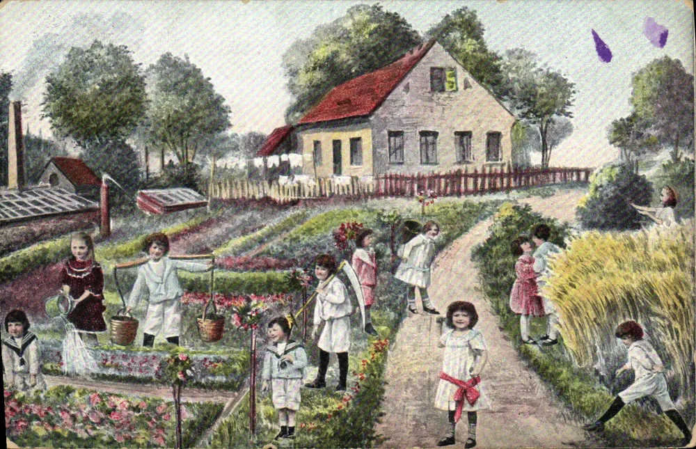 Kinder im Garten — ländliche Szene — Serie 895, Verlag K.Y. + B. 12 - Vorderseite