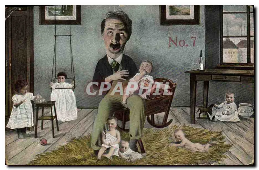 Vater mit seinen Kindern — Innenraum-Szene mit Wiege und Spielzeug — Verleger unbekannt, Nr. 7 - Vorderseite
