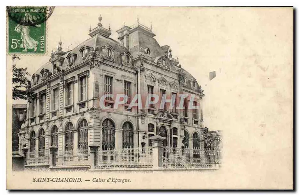 Saint-Chamond — Caisse d'Épargne, edifício com fachada decorada e grade metálica - Frente