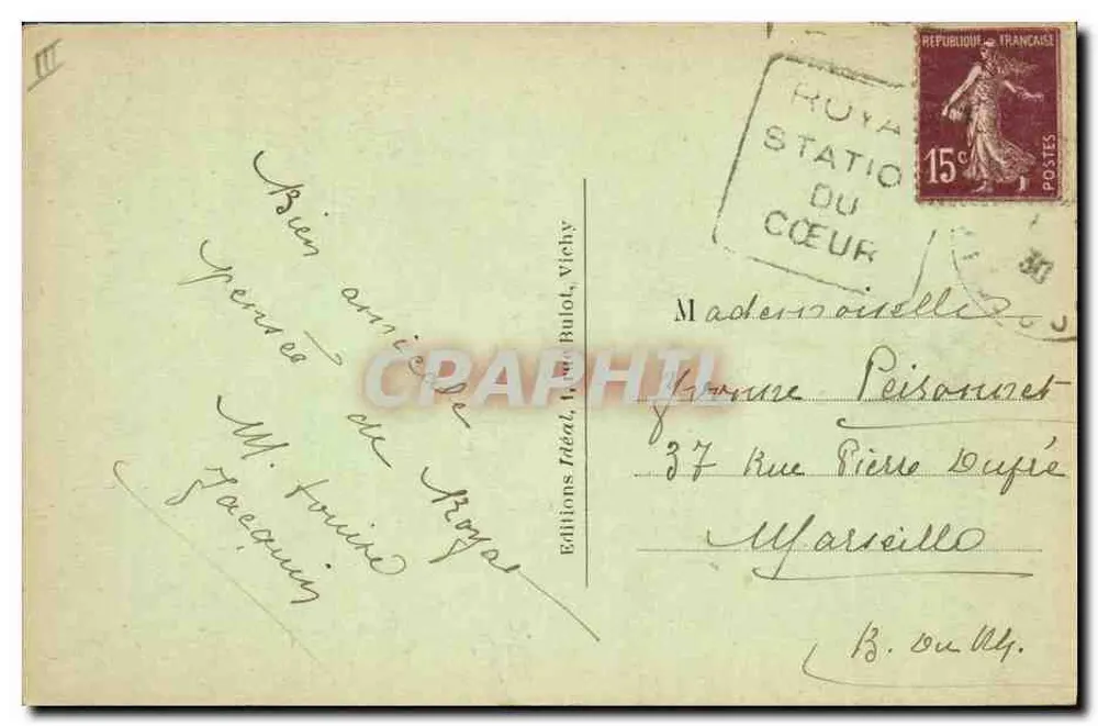 A Auvergne pitoresca — cena de aldeia com músico e dançarinos — Edições Idéal, Vichy, n°165 - Verso