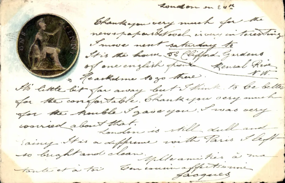 Londres — carta postal com carimbo de obliteração e texto manuscrito — editor DUPRE - Frente