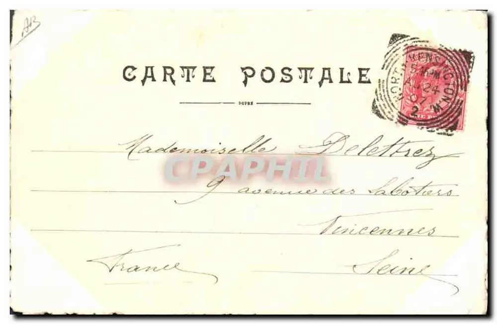 Londres — carta postal com carimbo de obliteração e texto manuscrito — editor DUPRE - Verso