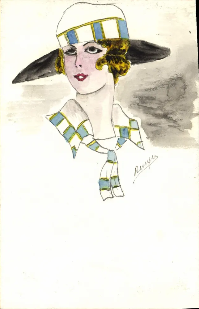 Mulher com chapéu e lenço — estilo Art Déco — desenho de Renyes - Frente