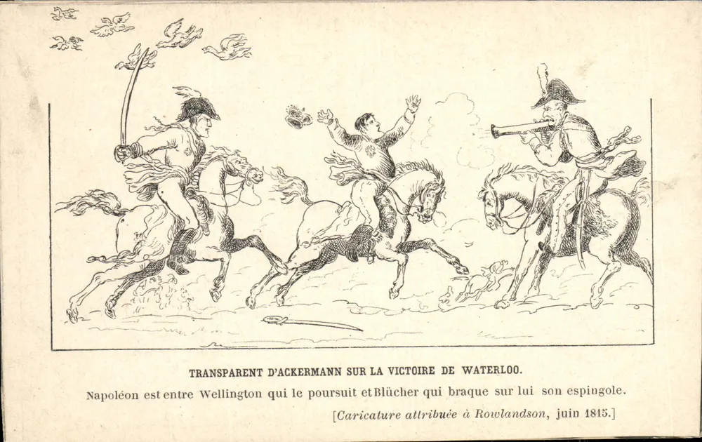Napoléon zwischen Wellington und Blücher — Karikatur, zugeschrieben Rowlandson, Juni 1815 — Verlag nicht sichtbar - Vorderseite