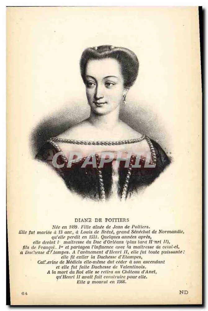 Diane de Poitiers — Graviertes Portrait mit biografischer Legende — Verlag: Levt et Neurbecin, Paris - Vorderseite
