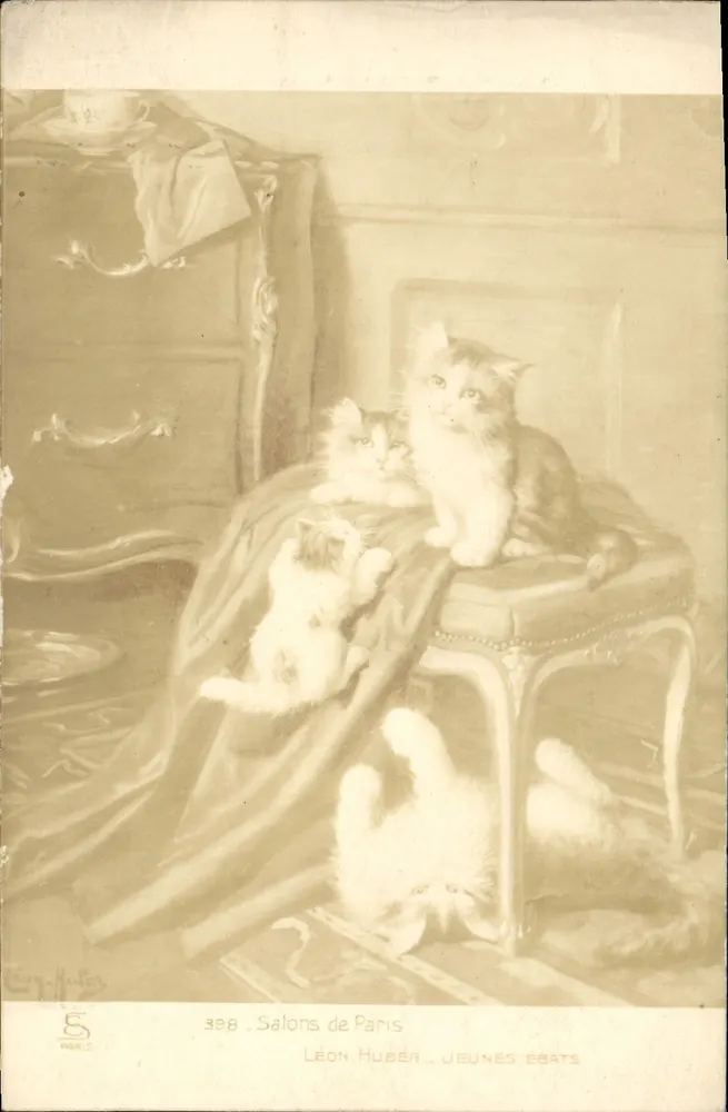 Junge Katzen — Innenraum-Szene — Léon Huber, Salons de Paris, Nr. 398 - Vorderseite