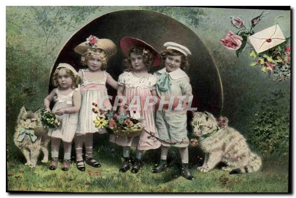 Quatro meninas pequenas e dois gatos — Série 3 — Impressa na Alemanha - Frente