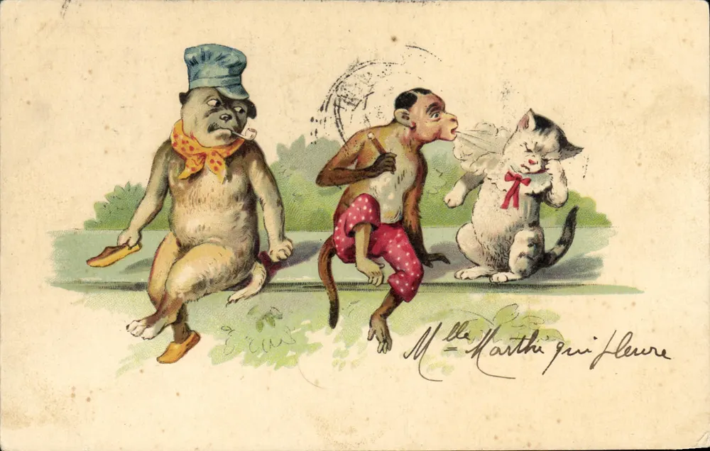 Trois animaux anthropomorphes — scène humoristique — éditeur non visible - Frente