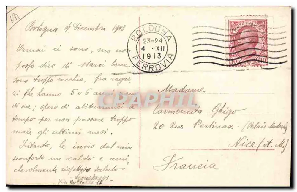 Três gatos filhotes — um em um chapéu — Bologna, 1913 - Verso