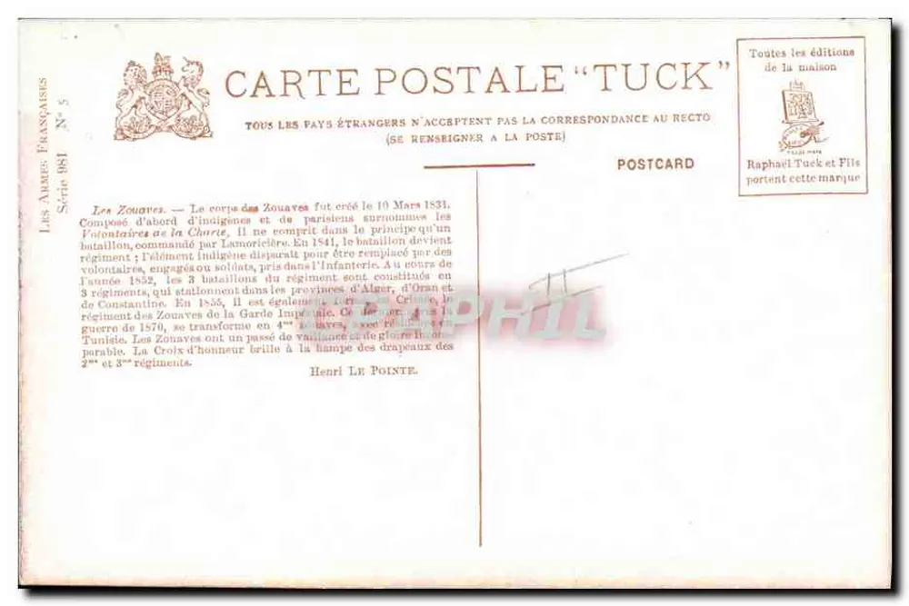 Zouaves — As Forças Armadas Francesas — Série 881, N° 5, editor Tuck - Verso