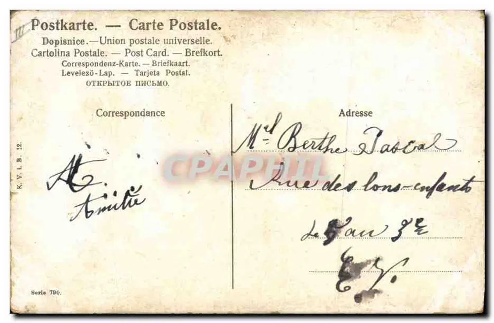 Frau mit Korb voll Puppen — ländliche Szene — Verlag K.V.L.B. Nr. 780 - Rückseite