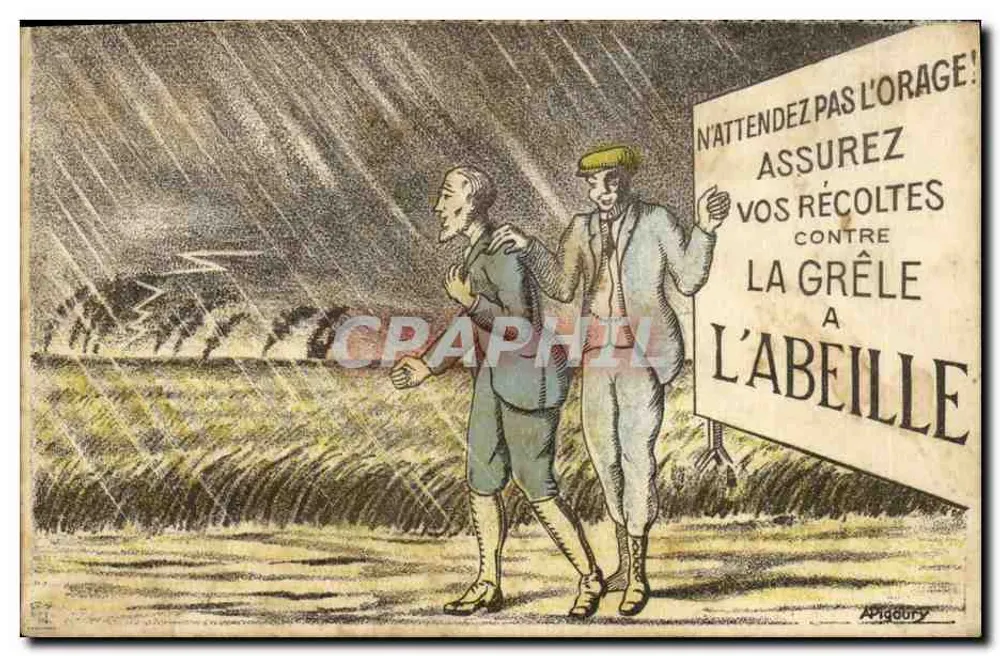 Dois homens sob a granizo — publicidade para o seguro contra granizo à Abeille — desenho de Apigdury - Frente