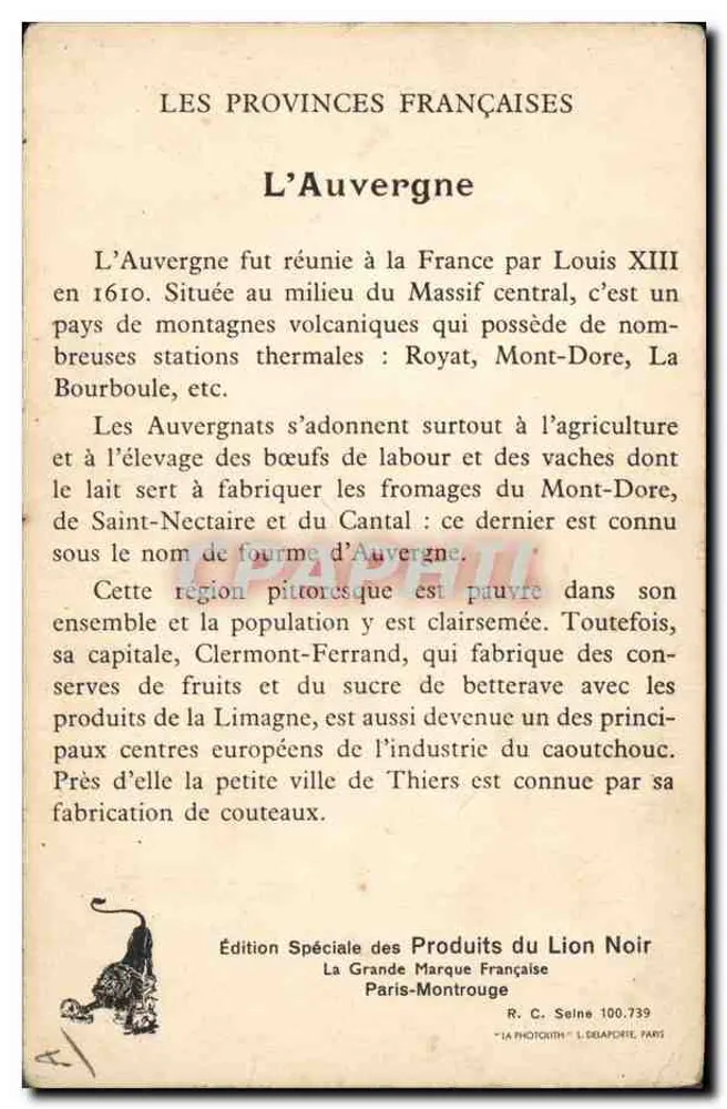 Auvergne — région montagneuse avec musiciens traditionnels — Édition Spéciale des Produits du Lion Noir - Rückseite