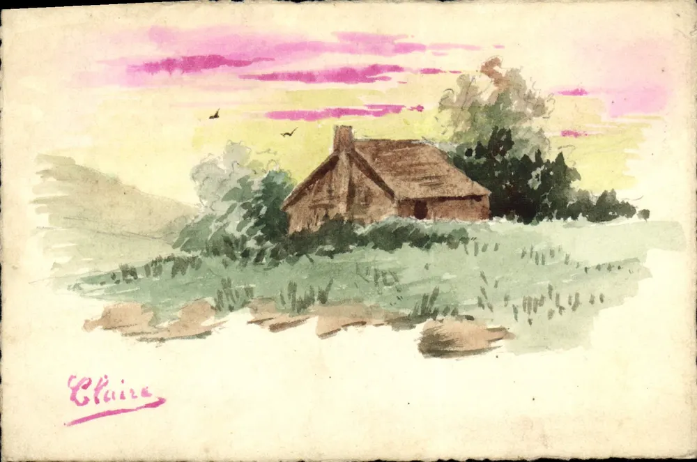 Paisagem rural com cabana — aquarela assinada 'Claire' — cartão postal - Frente