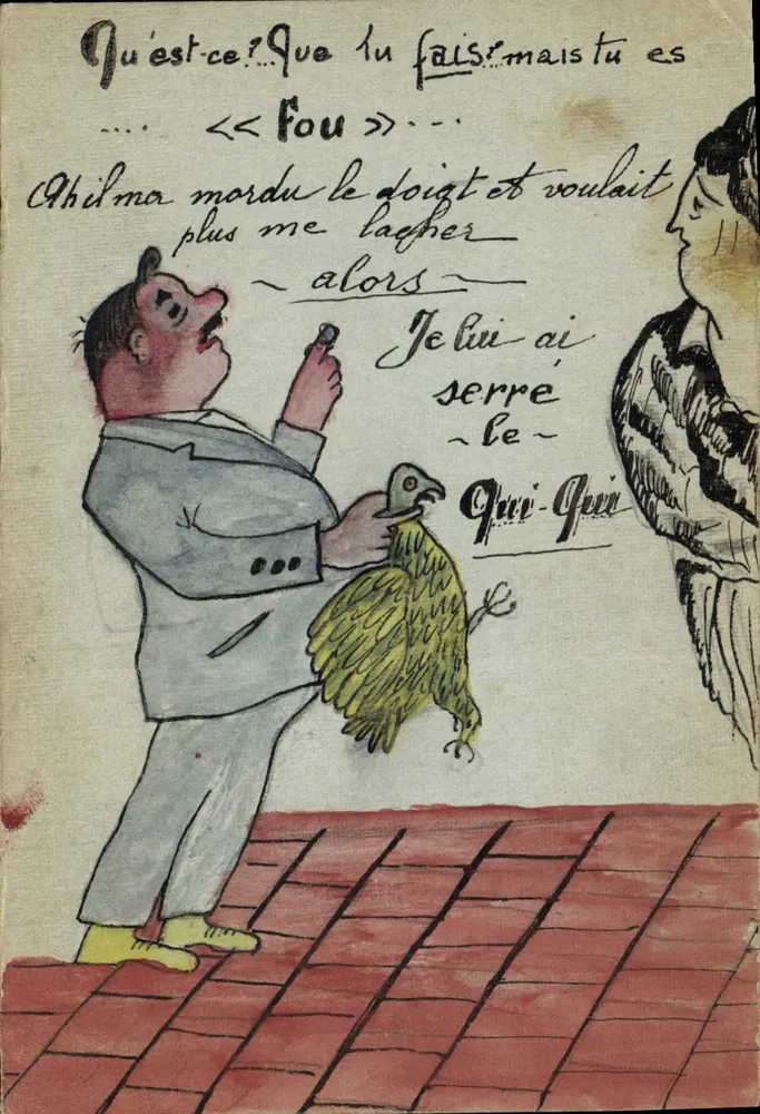 Homem com pombo — caricatura humorística — sem editor ou número visível - Frente