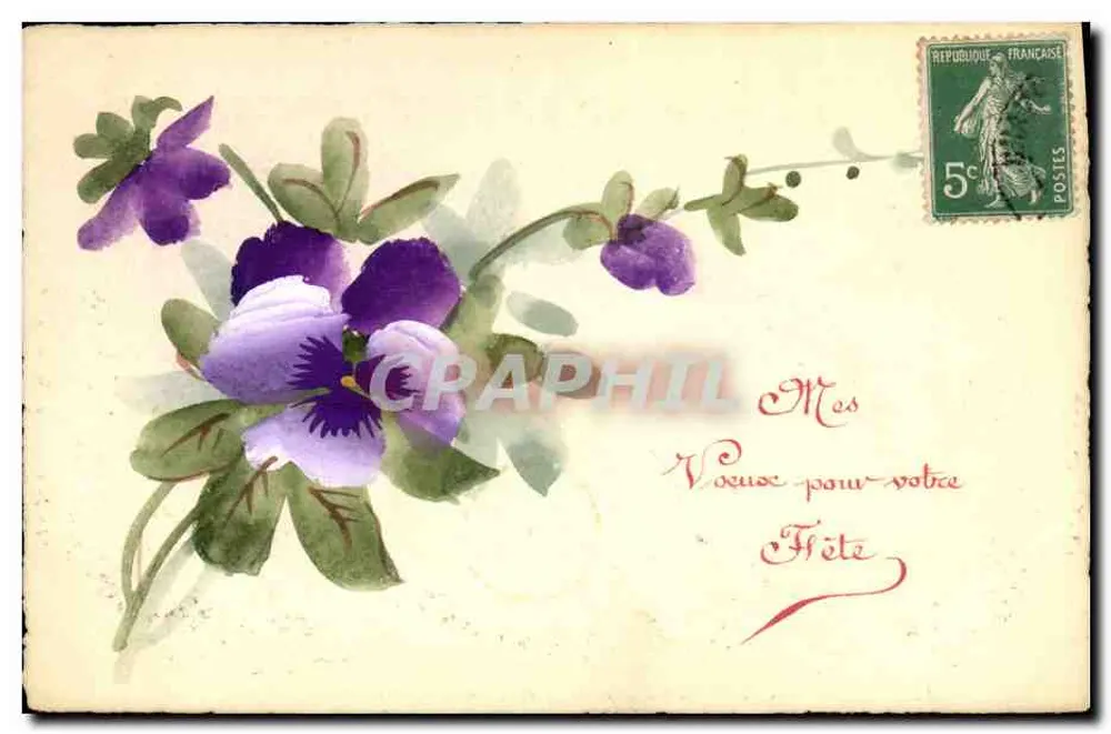 Violetas — carta postal com selo de 5c República Francesa — editor não visível - Frente