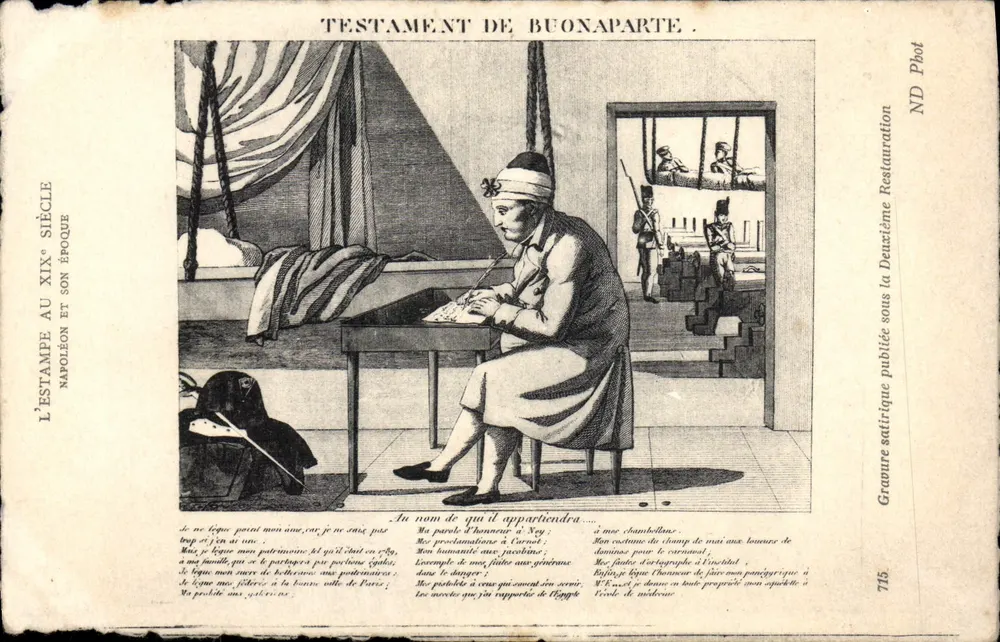Napoleon Bonaparte, der sein Testament verfasst — satirische Gravur der Zweiten Restauration — ND Phot, n°715 - Vorderseite