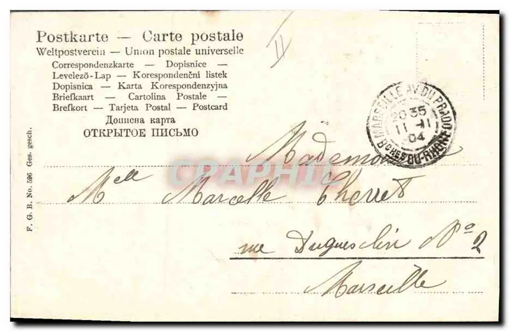 Fille sur un toit — scène nocturne avec lune souriante — éditeur F.G.B. N° 596 - Rückseite