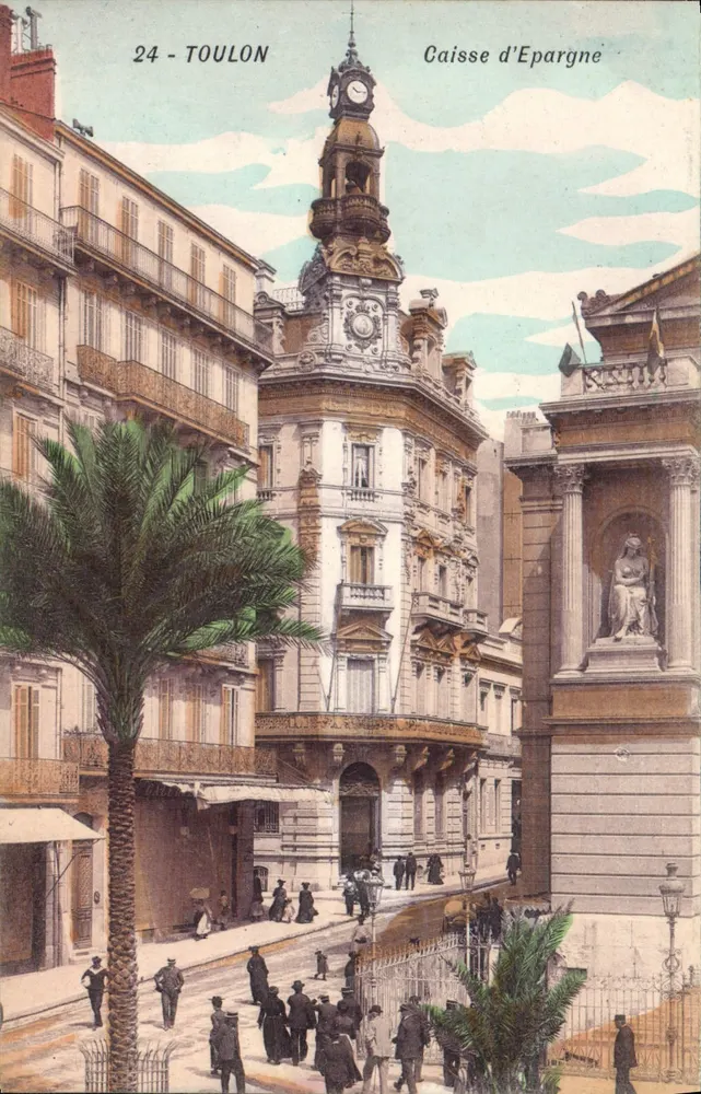 Toulon — Caixa de Economia com relógio e estátua — Edição Paul Provencal - Frente