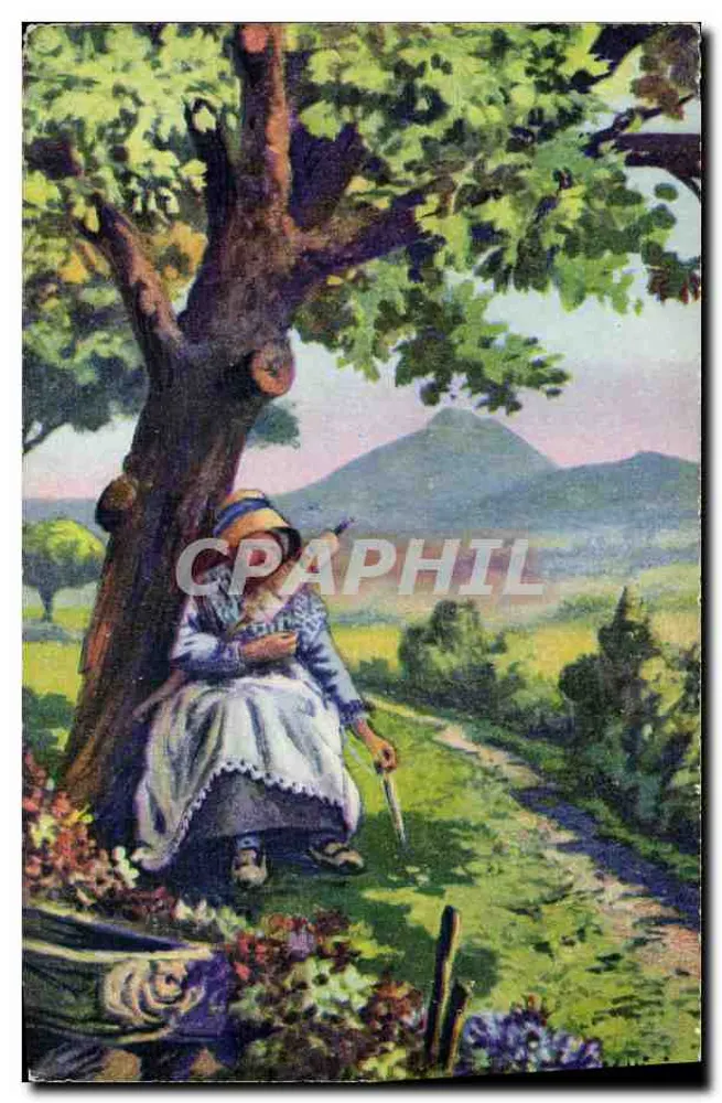 Camponesa da Auvergne — Sujeito: mulher sentada sob uma árvore — editor: Des Arts Photomécaniques, Paris-St-Massouin - Frente