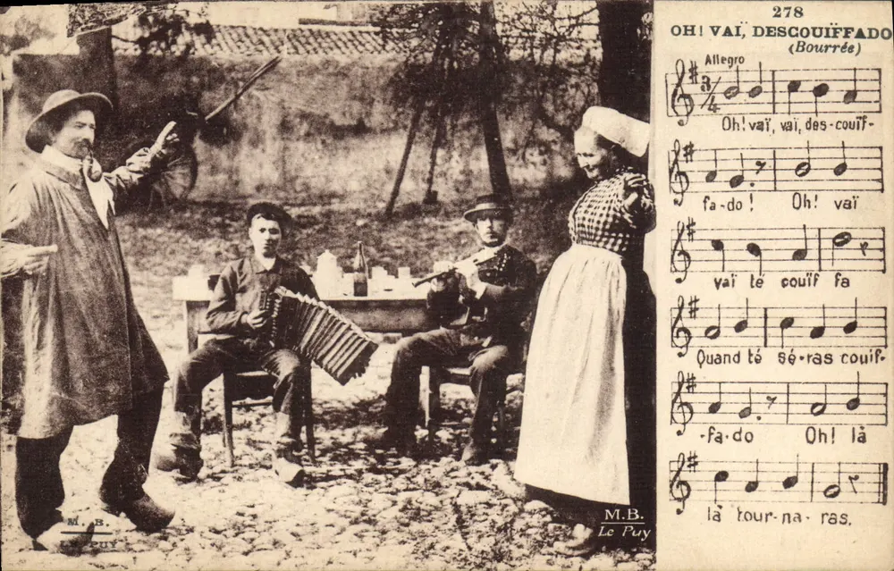 Músicos ao ar livre — cena de aldeia — M.B. Le Puy, n°278 - Frente