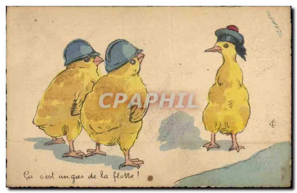 Drei Küken in Helmen — Militärsatire — unbekannter Verleger - Vorderseite
