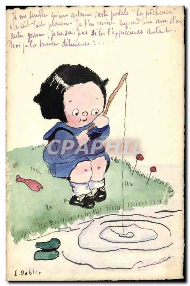 Kind beim Angeln — Zeichnung von E. Pobler — Ansichtskarte - Vorderseite
