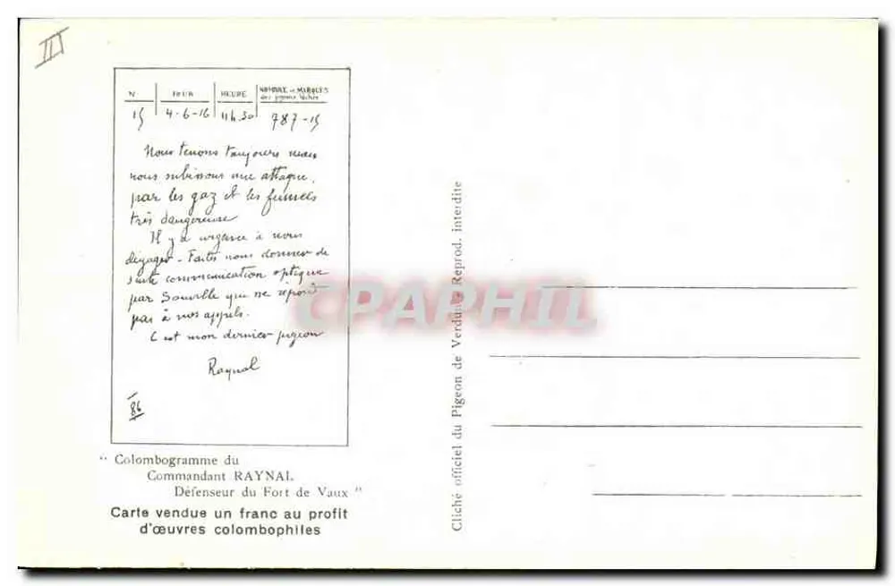 Pombo — 'É meu último pombo' — Verdun-Goural, n°15 - Verso