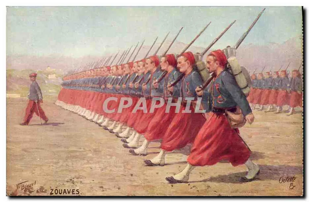 Zouaves — Companhia de zouaves em marcha — N. Beroud, série 981, editor Tuck - Frente