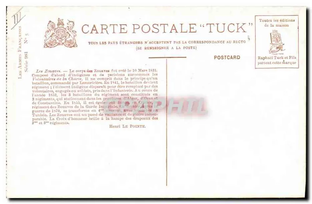 Zouaves — Companhia de zouaves em marcha — N. Beroud, série 981, editor Tuck - Verso