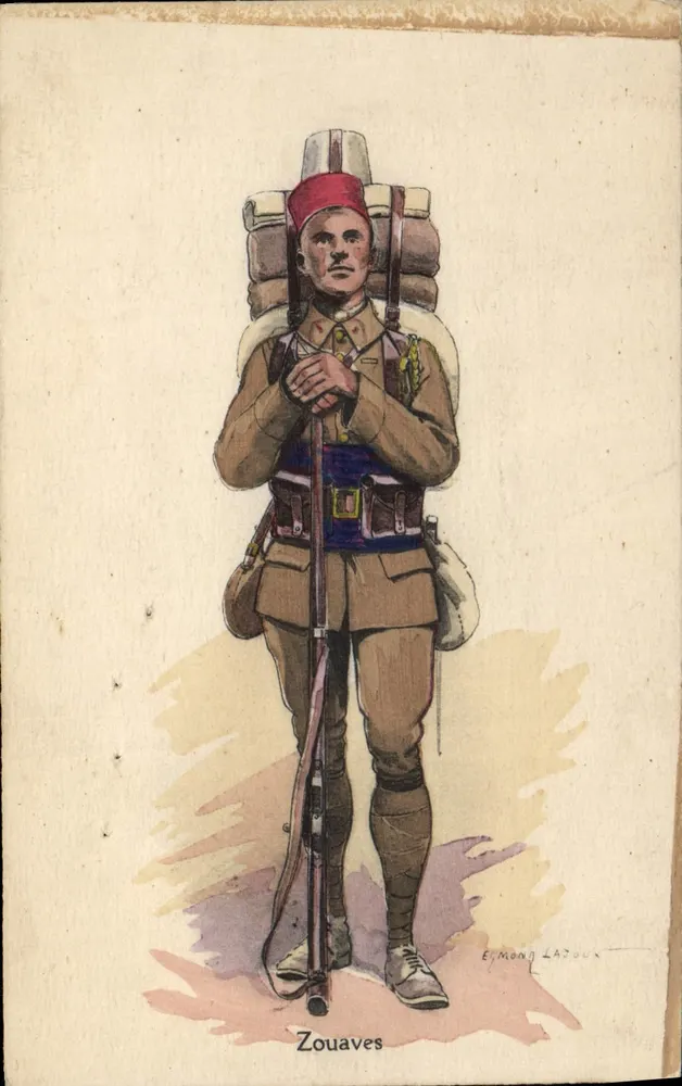 Zouaves — soldado em farda de verão com fez vermelho — desenho de Élmond Ladoix - Frente