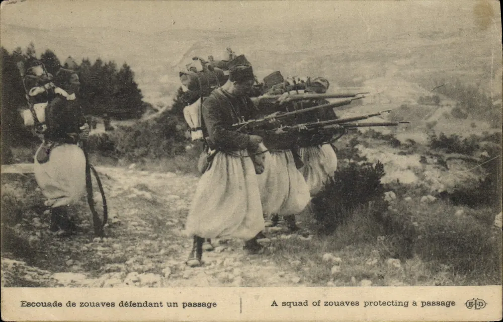 Zouaven-Abteilung, die einen Pass durch die Berge verteidigt — militärische Szene — Verlag E.P.D. - Vorderseite