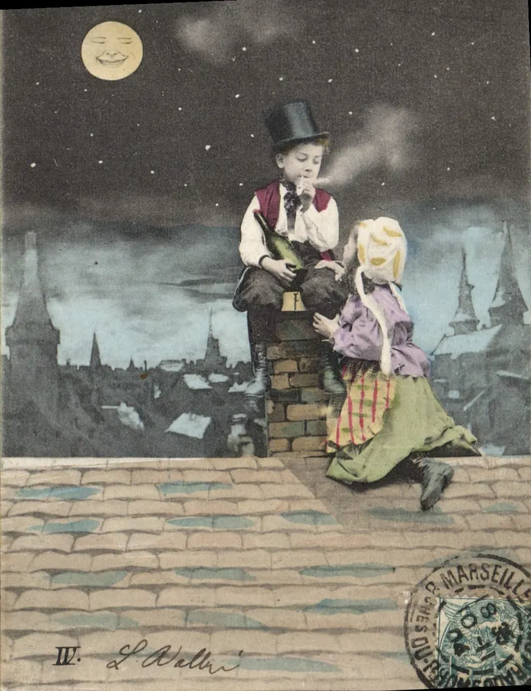 Kind und Kleine Mädchen auf einem Dach — Nachtszene mit lachender Mond — L. Wallaï, Nr. IV - Vorderseite