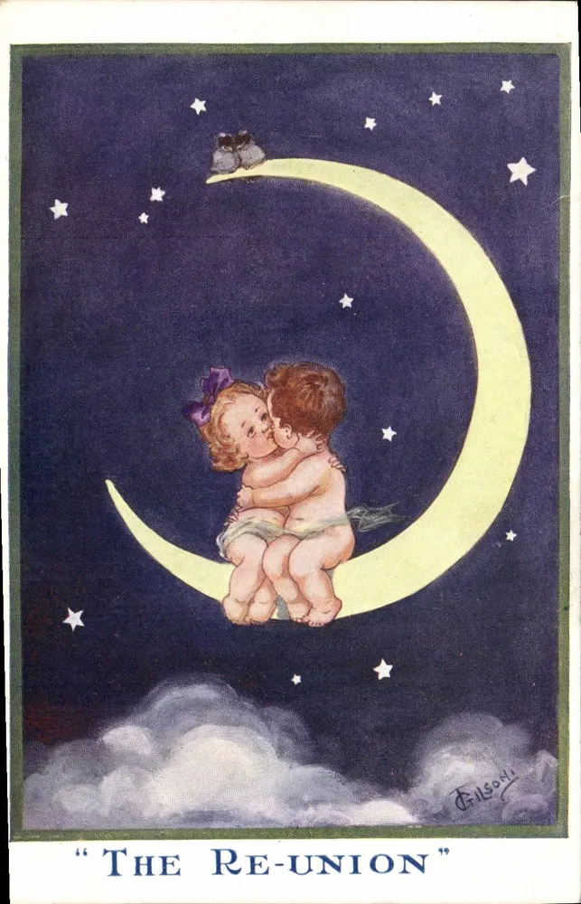 Zwei Kinder, die sich unter dem Mond küssen — 'The Re-union' — E. J. Hey & Co., London, E.C., Serie 212 - Vorderseite