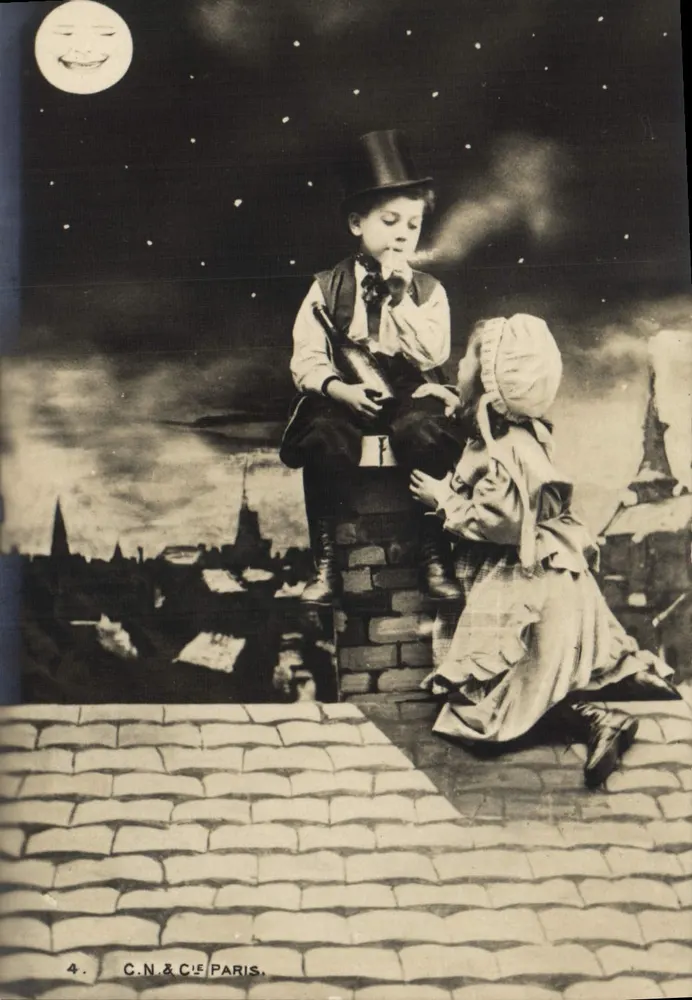 Kinder auf dem Dach von Paris — Nachtszene mit lachender Mond — C.N.&Cie Paris, Nr. 4 - Vorderseite