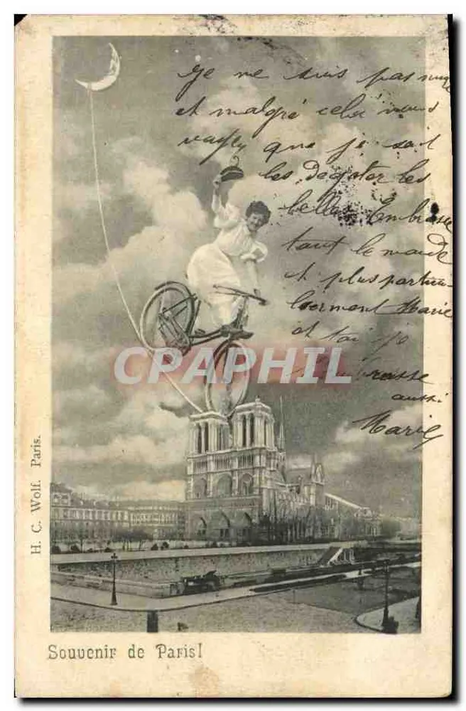 Frau auf dem Fahrrad vor der Notre-Dame — H. C. Wolf, Paris — Erinnerung an Paris - Vorderseite