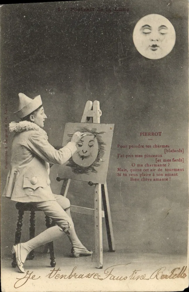 Pierrot malt den Mond — Komödien-Szene mit gedrucktem Text — Verlag Phototypie A. Bergerot und Cie, Nancy - Vorderseite